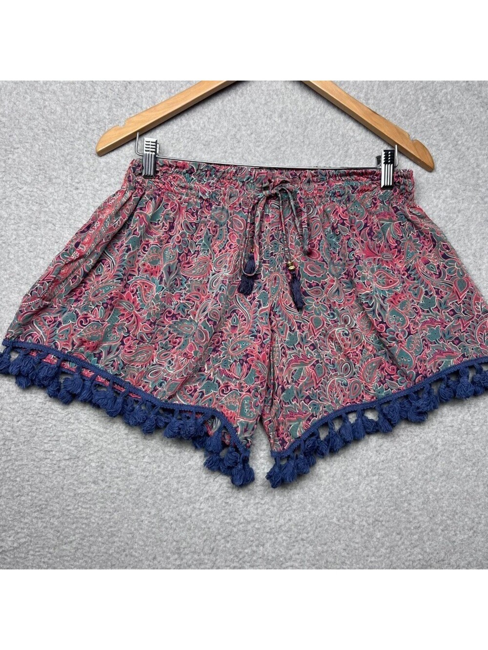 Anthropologie Raga Womens Paisley Tassel Pull On Shorts M Boho Hippie Beach chic